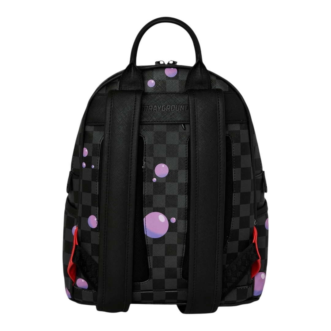 HypeSelection Sprayground black checkered backpack with purple slime bubble graphic and gold zippers.