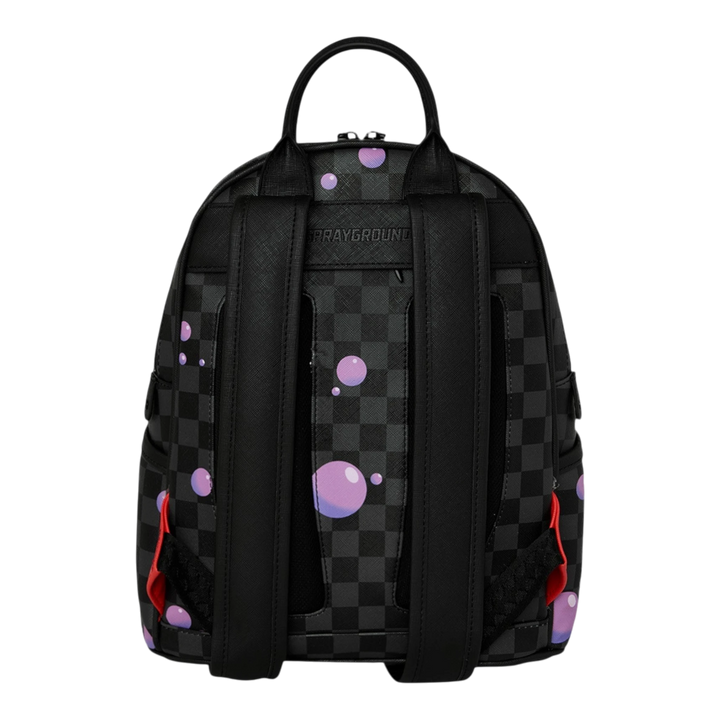 HypeSelection Sprayground black checkered backpack with purple slime bubble graphic and gold zippers.