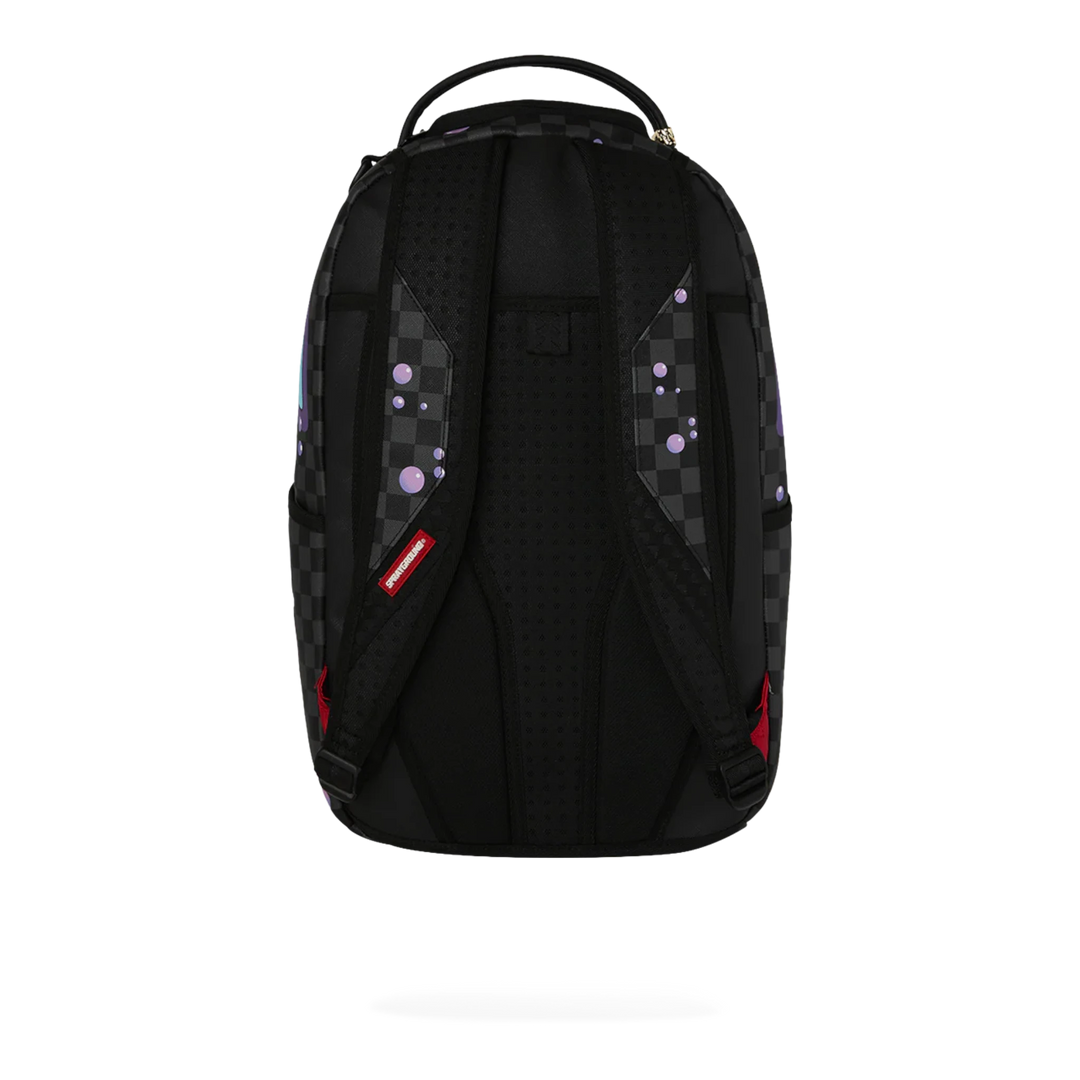 HypeSelection Sprayground Purple Slime Takeover backpack with checkered pattern and purple bubble graphics. Features padded straps and mesh back.