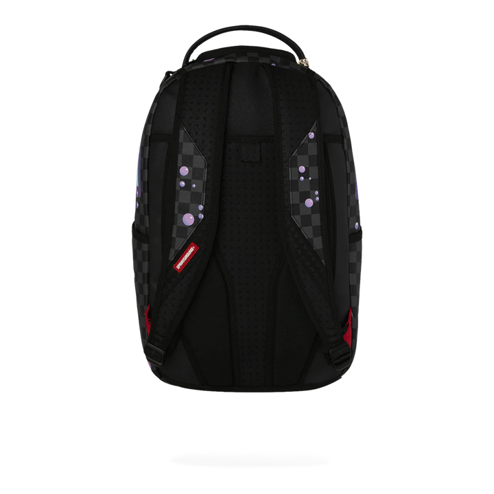 HypeSelection Sprayground Purple Slime Takeover backpack with checkered pattern and purple bubble graphics. Features padded straps and mesh back.
