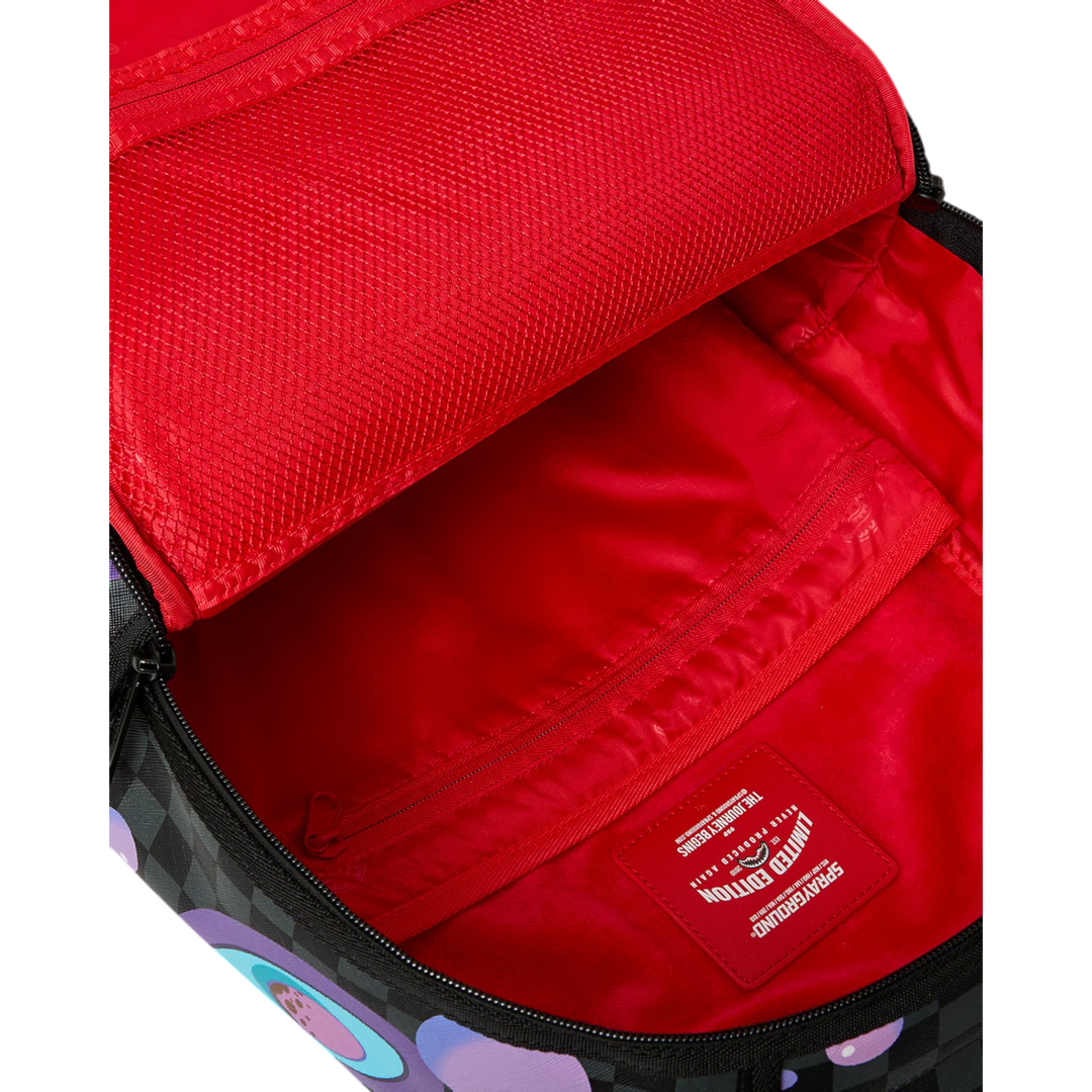 HypeSelection Sprayground Purple Slime Takeover backpack with black checkered pattern, purple slime graphics, and red interior.