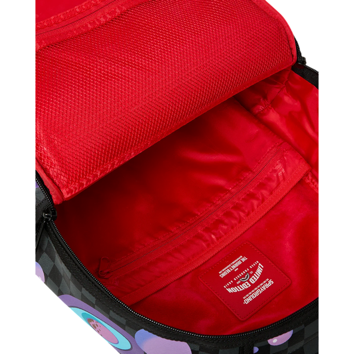 HypeSelection Sprayground Purple Slime Takeover backpack with black checkered pattern, purple slime graphics, and red interior.
