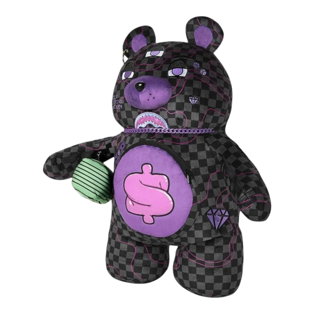 HypeSelection Sprayground purple slime checkerboard Moneybear backpack with pink dollar sign and green cash accessory.