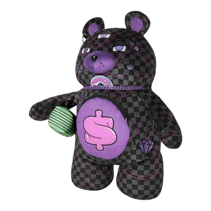HypeSelection Sprayground purple slime checkerboard Moneybear backpack with pink dollar sign and green cash accessory.