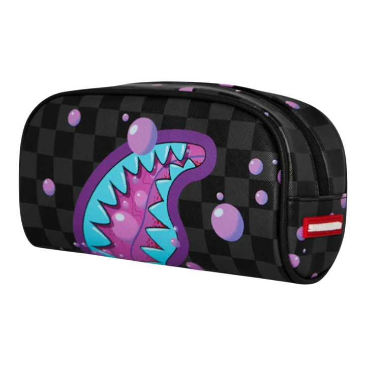 HypeSelection Sprayground purple slime shark mouth graphic pouch with black checkered pattern and purple bubbles, made of PVC.