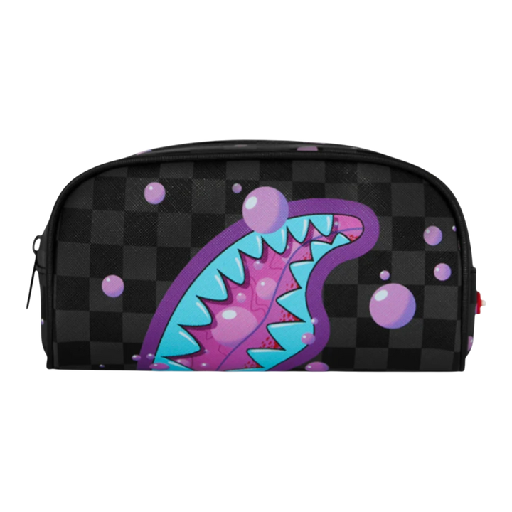 HypeSelection Sprayground purple slime shark mouth pouch with black checkerboard pattern and purple bubbles.