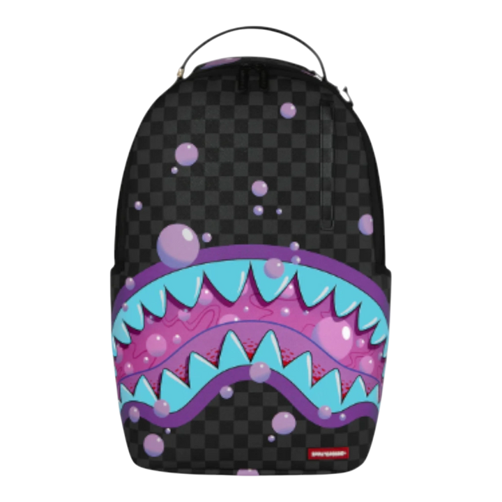 HypeSelection Sprayground Purple Slime Takeover backpack with black checkered pattern and shark mouth graphic.