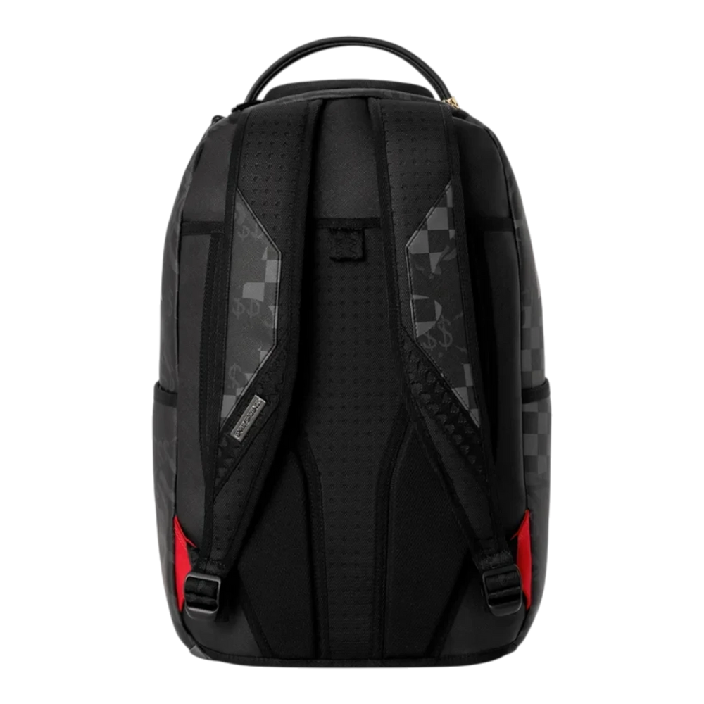HypeSelection Sprayground 4AM Red Shark DLXSV backpack featuring black patterned fabric and red strap accents