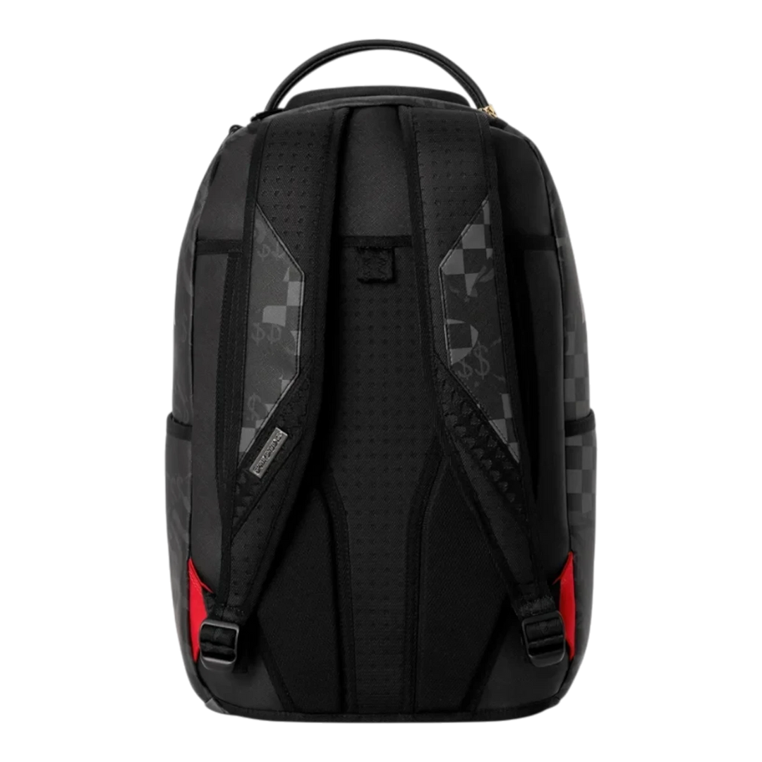 HypeSelection Sprayground 4AM Red Shark DLXSV backpack featuring black patterned fabric and red strap accents