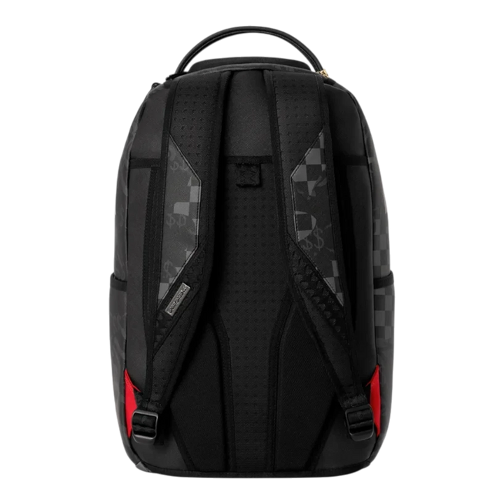 HypeSelection Sprayground 4AM Red Shark DLXSV backpack featuring black patterned fabric and red strap accents