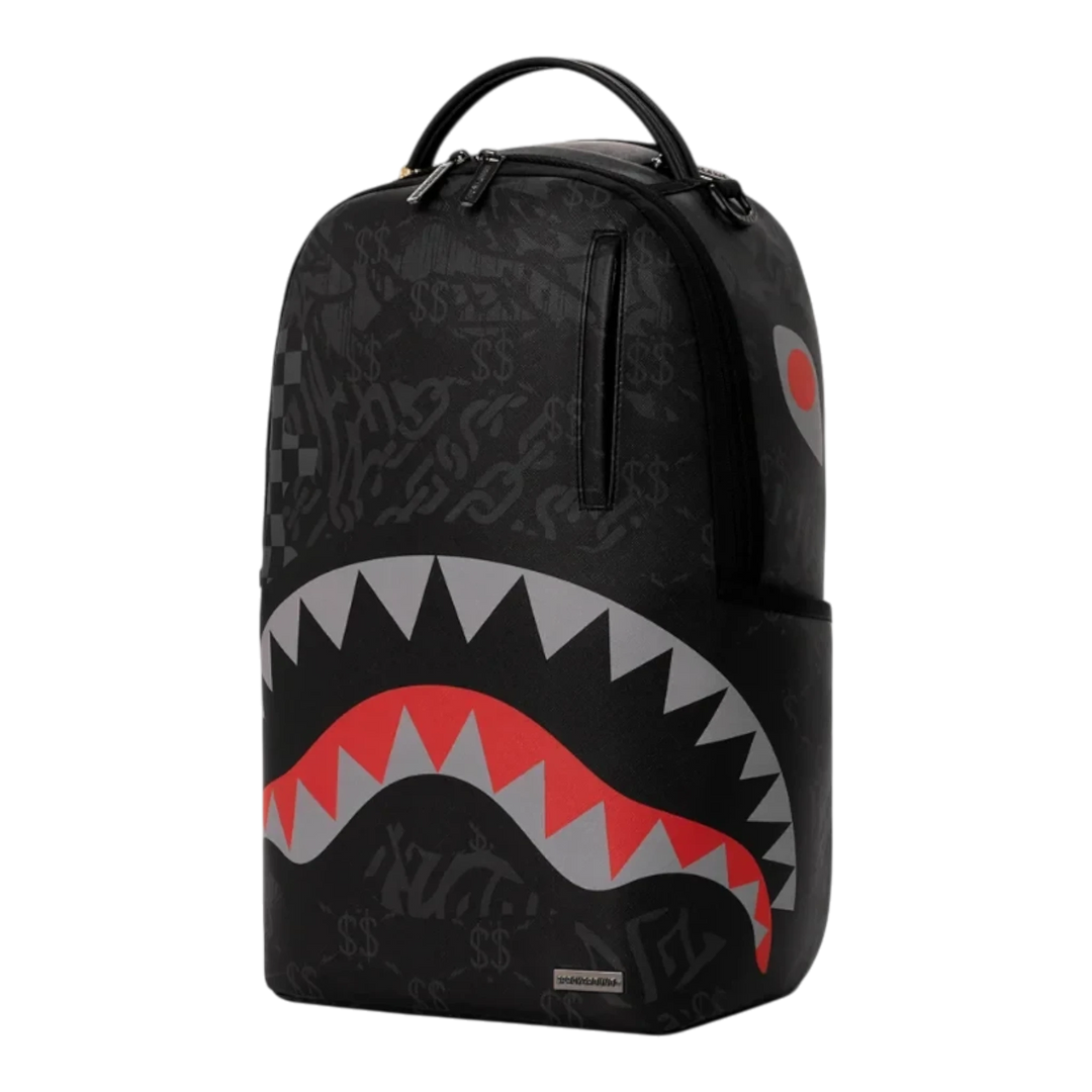 HypeSelection Sprayground 4AM Red Shark DLXSV backpack featuring a black graphic print and iconic shark mouth design.