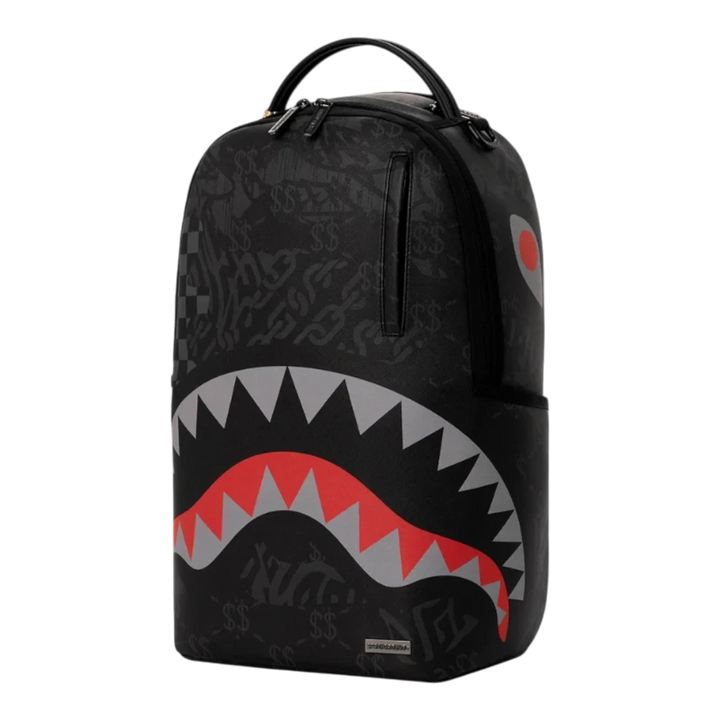 HypeSelection Sprayground 4AM Red Shark DLXSV backpack featuring a black graphic print and iconic shark mouth design.