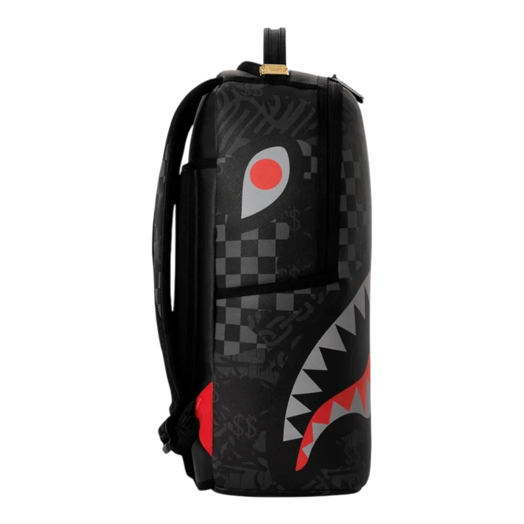 HypeSelection Sprayground 4AM Red Shark DLXSV backpack in black with signature shark mouth graphic and red accents
