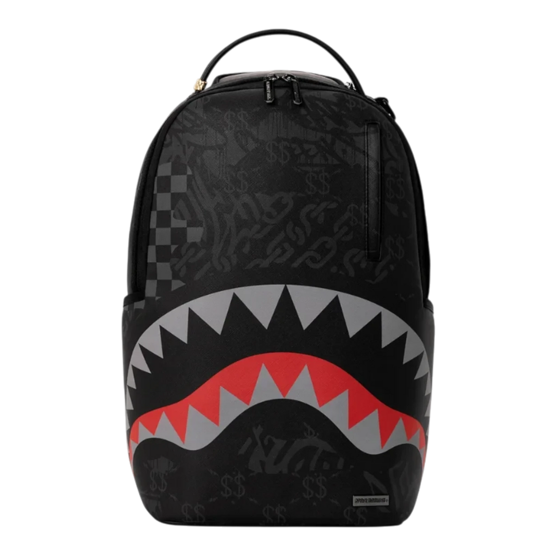 HypeSelection Sprayground 4AM Red Shark DLXSV backpack featuring a black graphic print and iconic shark mouth design.