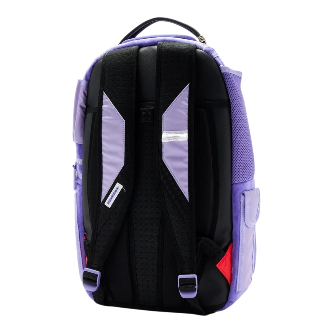 HypeSelection Sprayground Reversible Backpack V2 DLXSV in purple with black padded straps and mesh side pockets