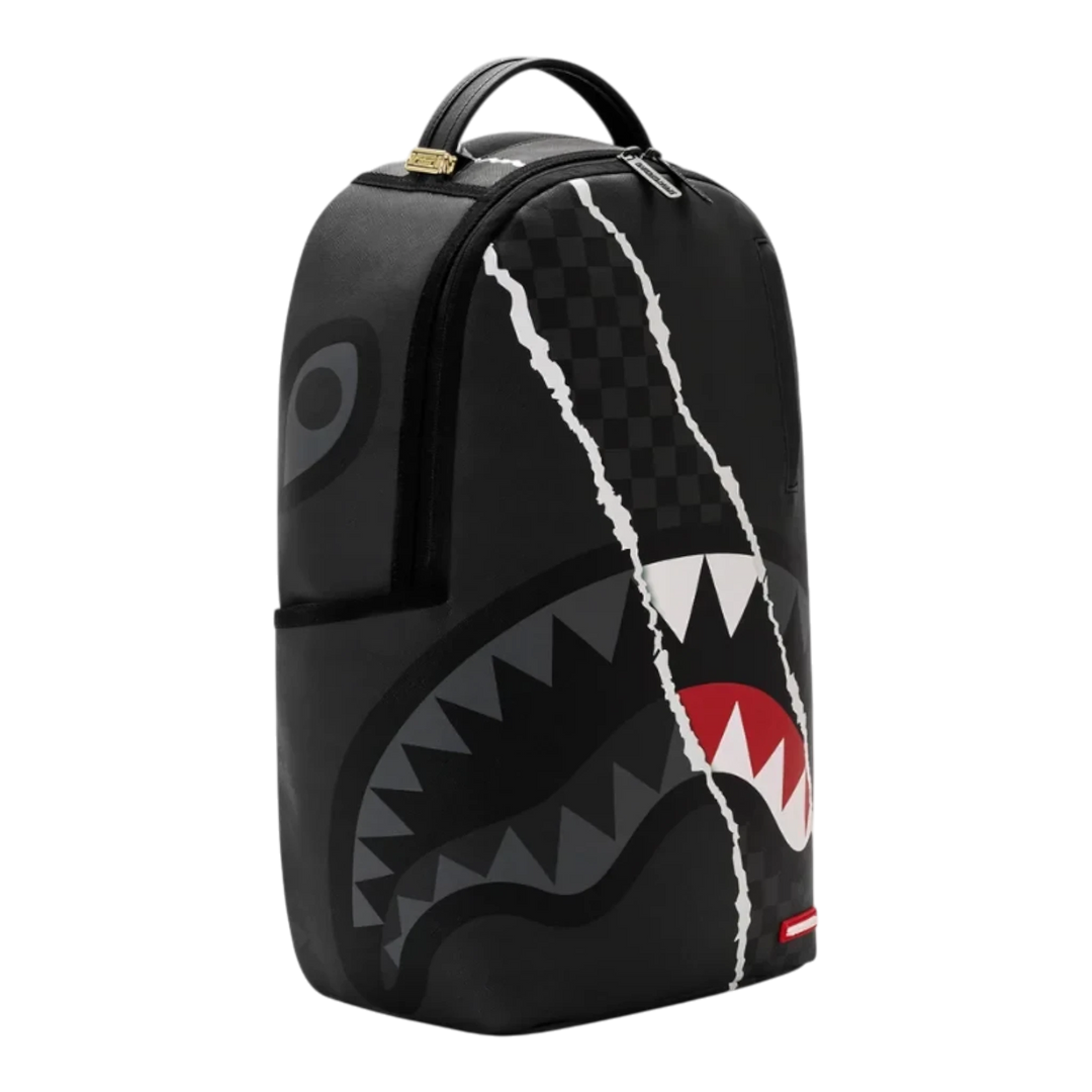 HypeSelection Sprayground Center Rip Reveal DLXSV backpack in black with signature shark mouth graphic design