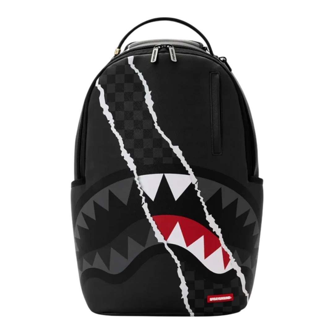 HypeSelection Sprayground Center Rip Reveal DLXSV backpack featuring a black graphic shark mouth and rip design.