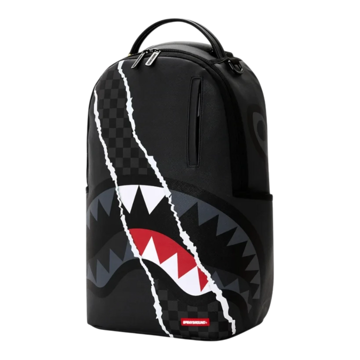 HypeSelection Sprayground Center Rip Reveal DLXSV backpack in black with signature shark mouth graphic and rip detail