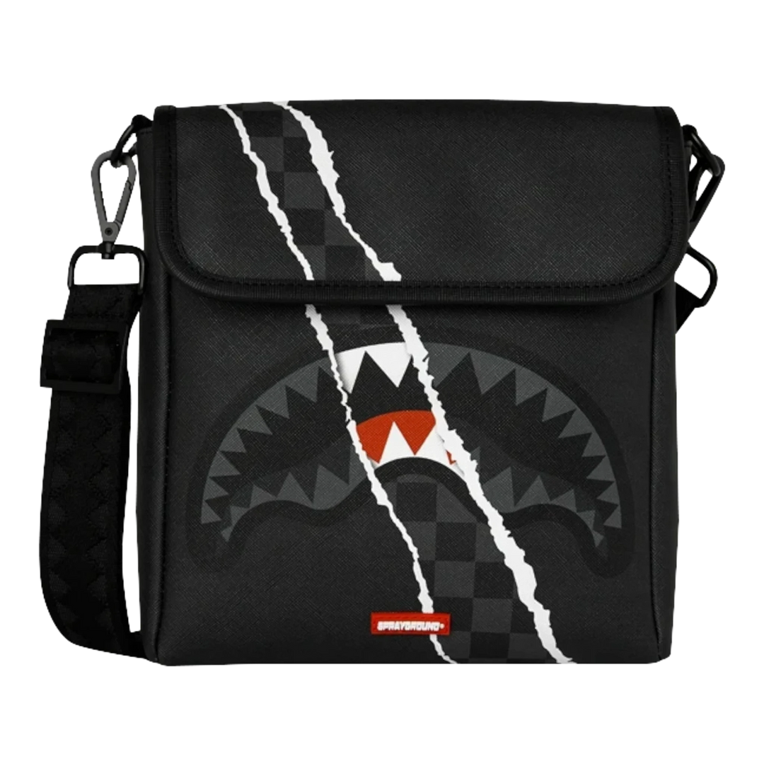 HypeSelection Sprayground Center Rip Reveal messenger sling bag in black with signature shark mouth graphic design