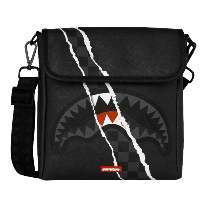 HypeSelection Sprayground Center Rip Reveal messenger sling bag in black with signature shark mouth graphic design