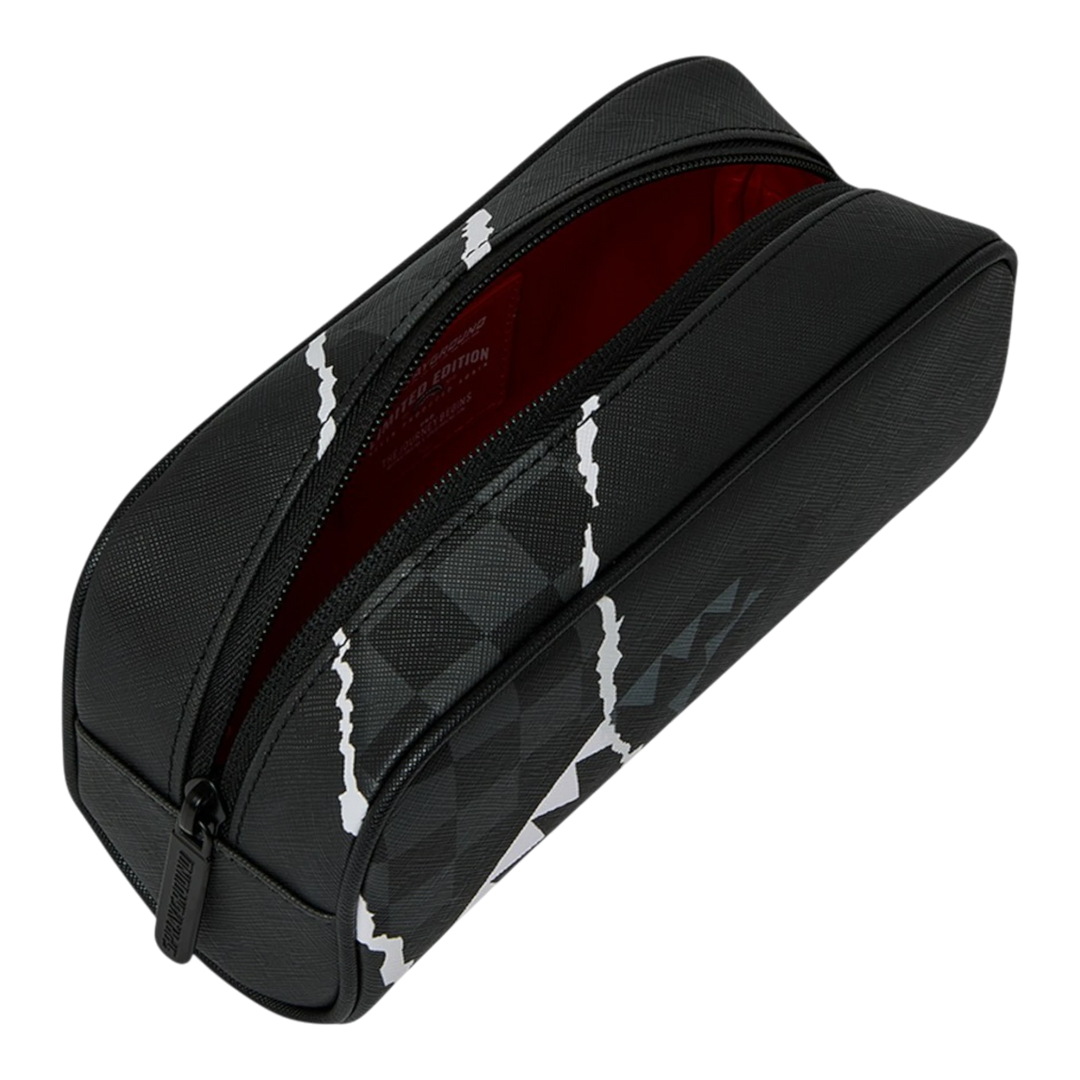 HypeSelection Sprayground black pencil pouch with signature rip reveal graphic and red interior lining