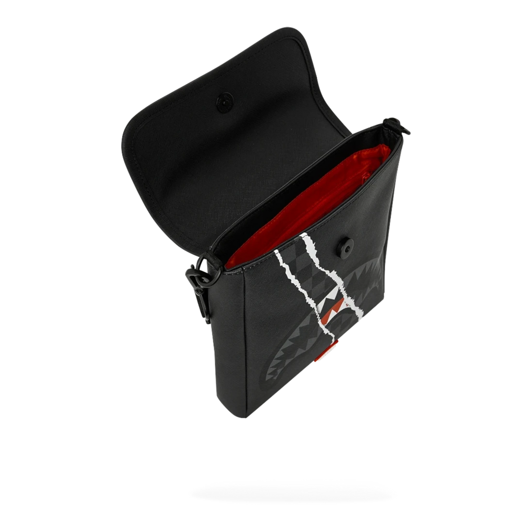 HypeSelection Sprayground Center Rip Reveal messenger sling bag in black with signature shark mouth graphic