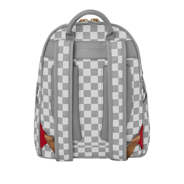 HypeSelection Sprayground Ritz Riviera Savage backpack featuring a grey and white checkerboard pattern back view
