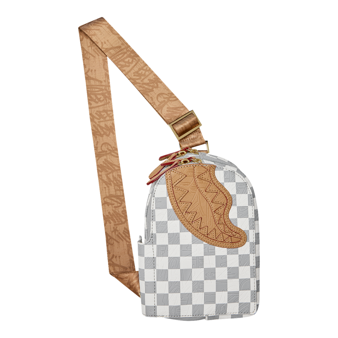 HypeSelection Sprayground Ritz Riviera faux leather sling bag with white and grey checkerboard pattern and shark mouth