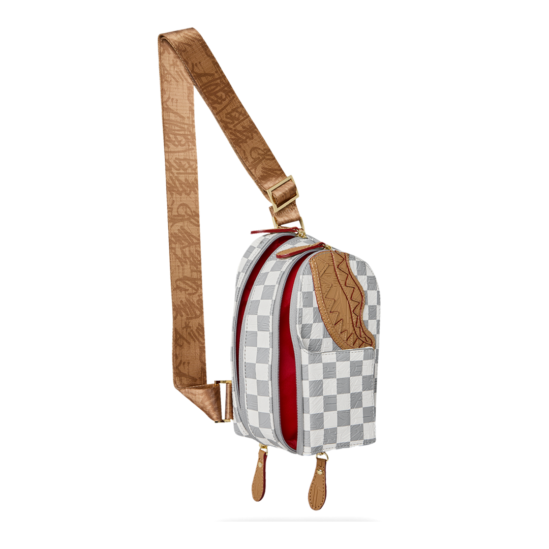 HypeSelection Sprayground Ritz Riviera faux leather sling bag with white and grey checkered pattern and shark mouth