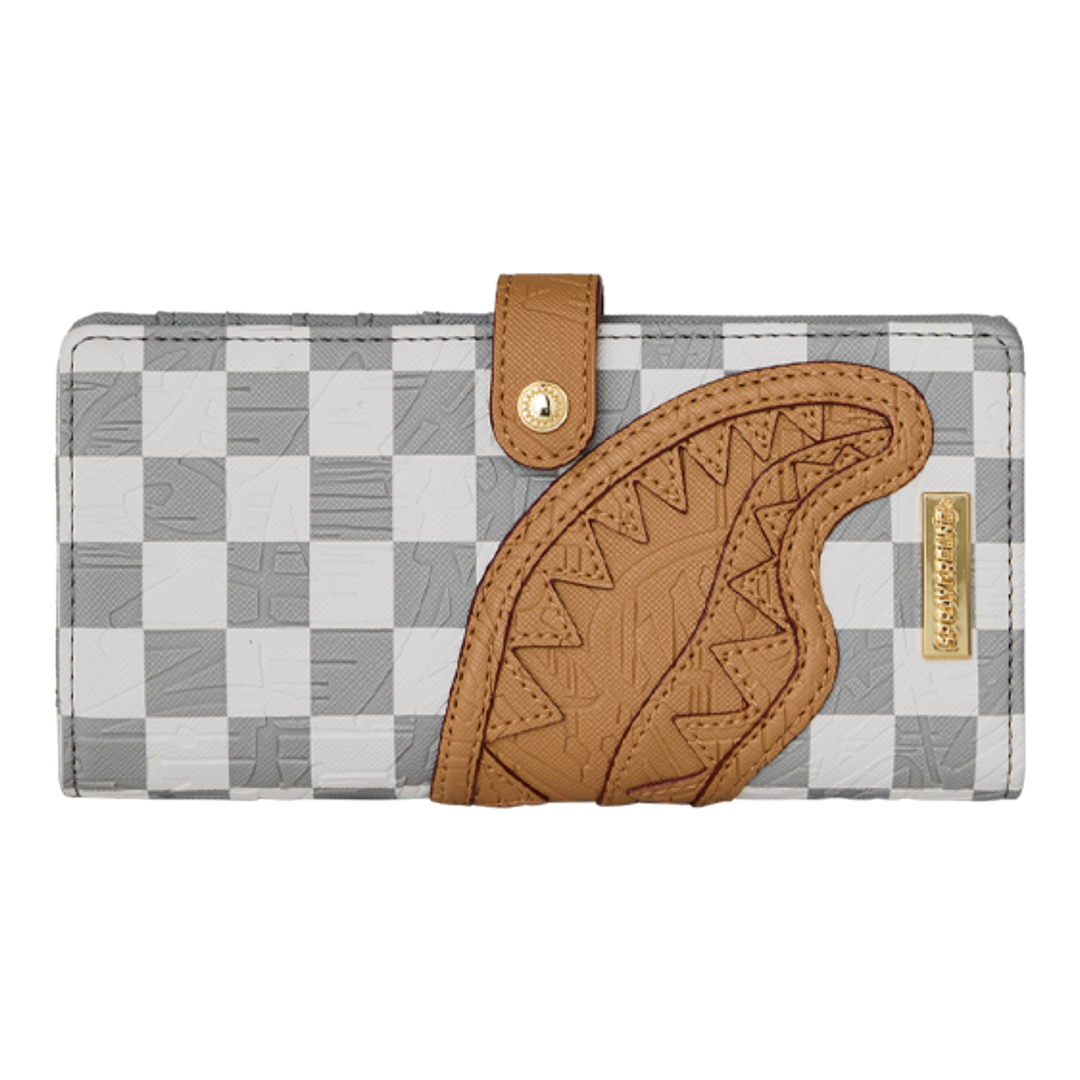 HypeSelection Sprayground Ritz Riviera wallet in grey and white checkerboard with tan shark mouth applique and snap