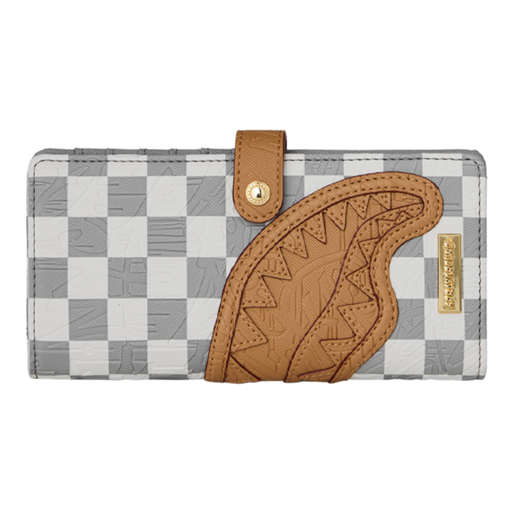HypeSelection Sprayground Ritz Riviera wallet in grey and white checkerboard with tan shark mouth applique and snap