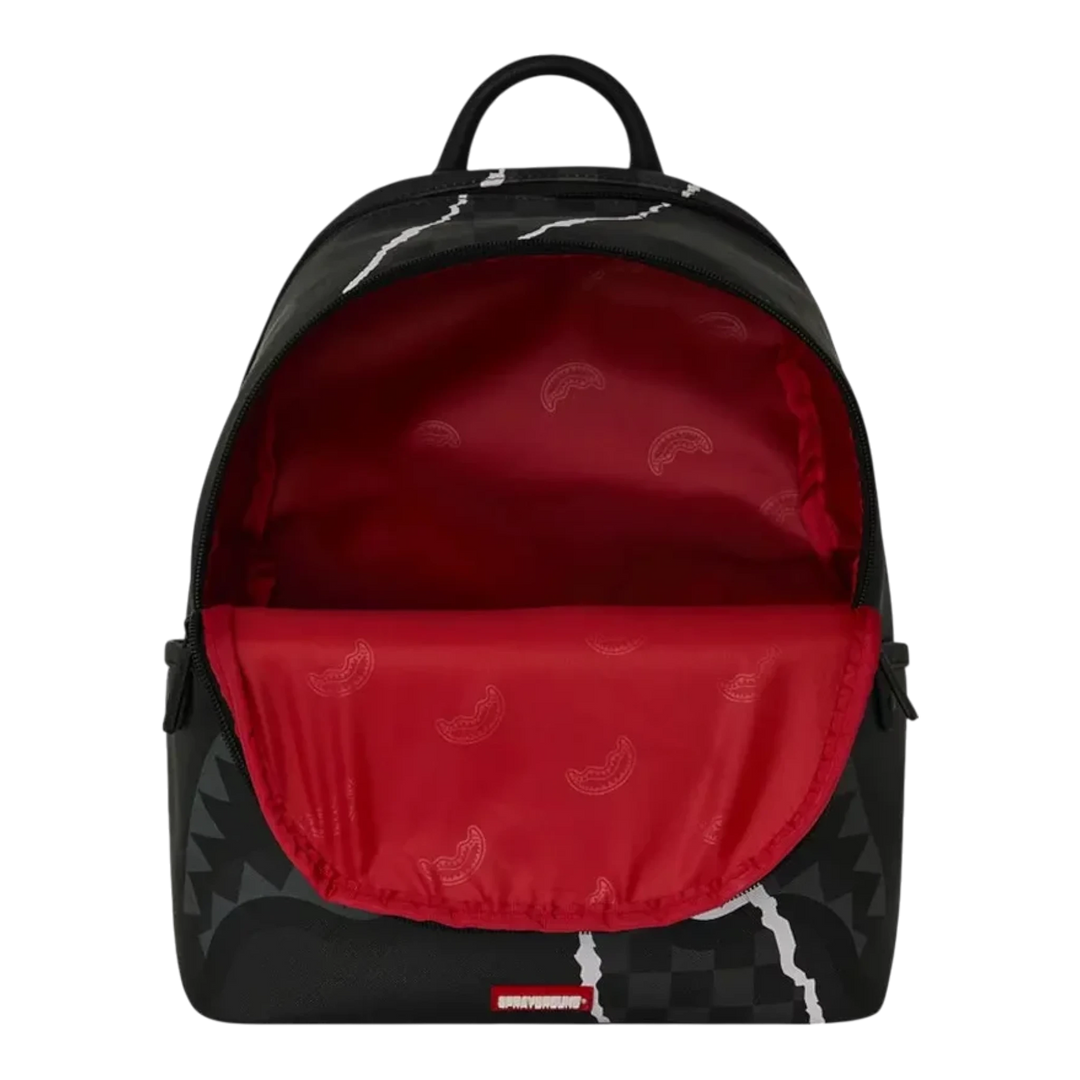 HypeSelection Sprayground Center Rip Reveal Savage backpack with black exterior and vibrant red interior lining.
