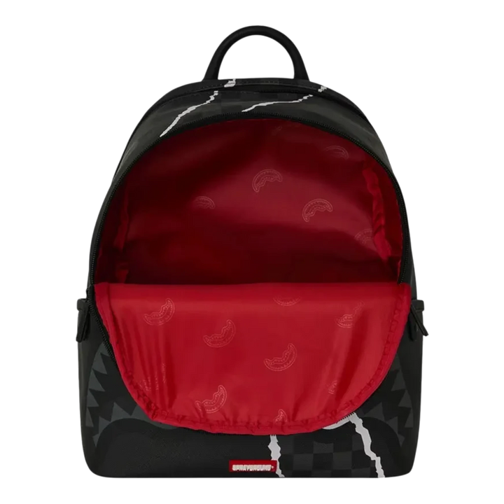 HypeSelection Sprayground Center Rip Reveal Savage backpack with black exterior and vibrant red interior lining.