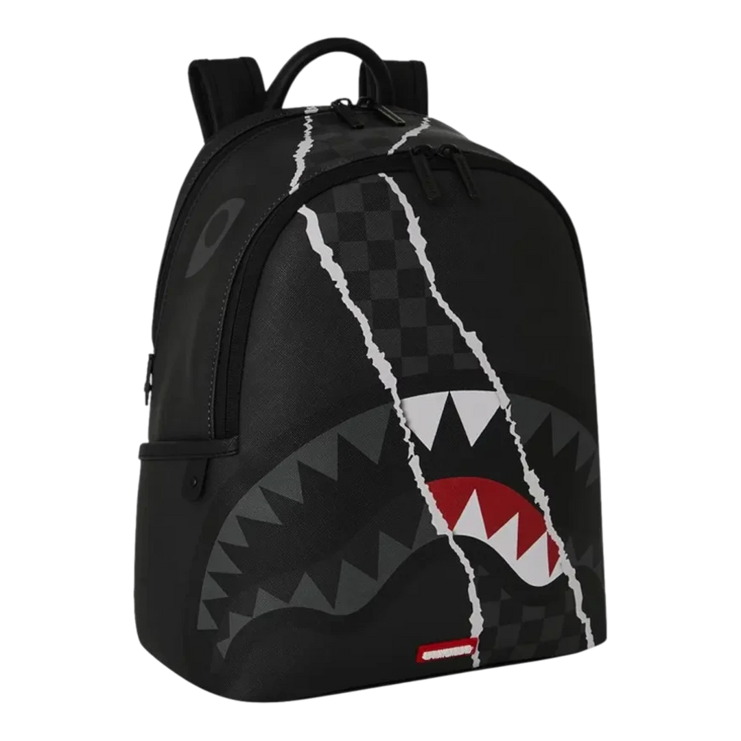 HypeSelection Sprayground Center Rip Reveal Savage backpack in black with iconic shark mouth and rip graphic design.