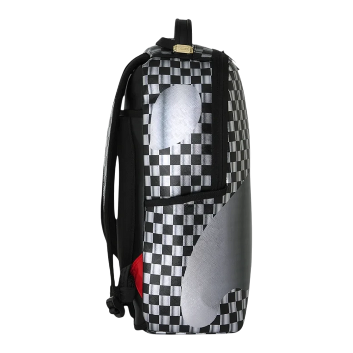 HypeSelection Sprayground Scratch Off Shark DLXSV backpack in black and silver checkered print with side view
