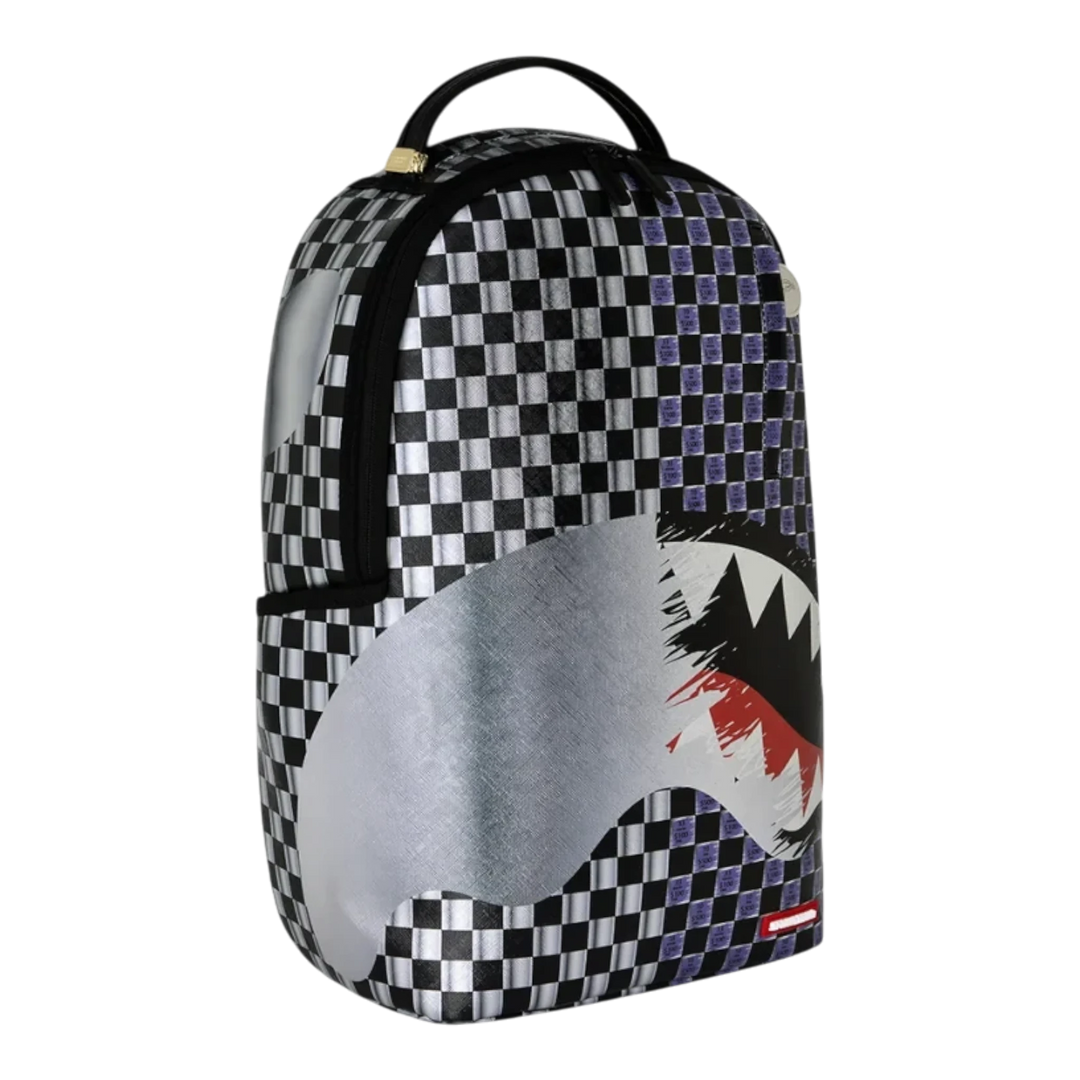 HypeSelection Sprayground Scratch Off Shark DLXSV backpack featuring a black and white checkered graphic print
