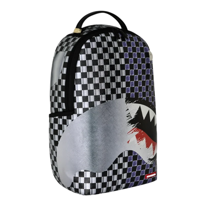 HypeSelection Sprayground Scratch Off Shark DLXSV backpack featuring a black and white checkered graphic print