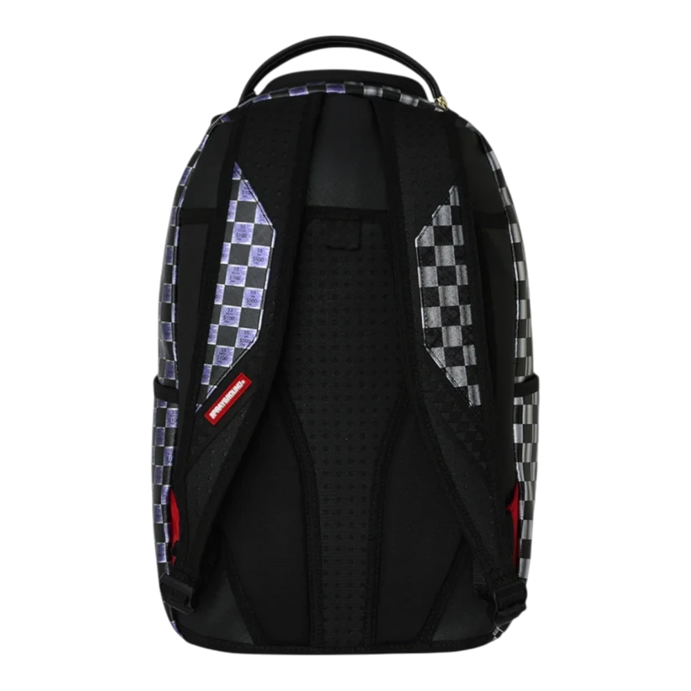 HypeSelection Sprayground Scratch Off Shark DLXSV backpack featuring a black and grey checkered pattern back view