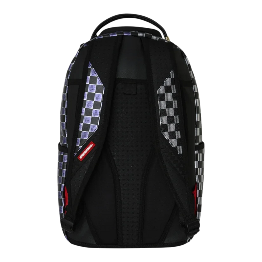 HypeSelection Sprayground Scratch Off Shark DLXSV backpack featuring a black and grey checkered pattern back view
