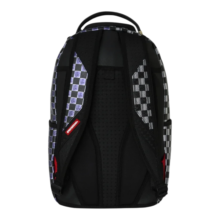 HypeSelection Sprayground Scratch Off Shark DLXSV backpack featuring a black and grey checkered pattern back view