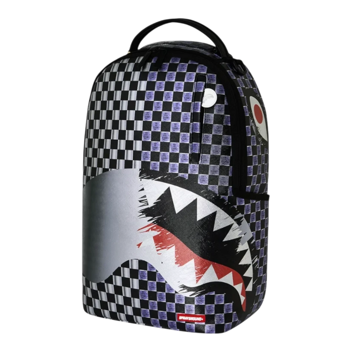 HypeSelection Sprayground Scratch Off Shark DLXSV backpack featuring a black and white checkerboard graphic print.