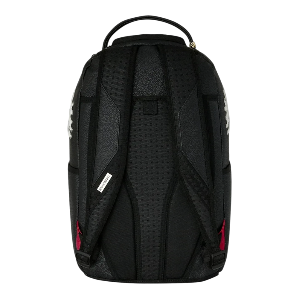HypeSelection Sprayground Shoelace Shark DLXSV backpack featuring a black textured back panel and padded straps.