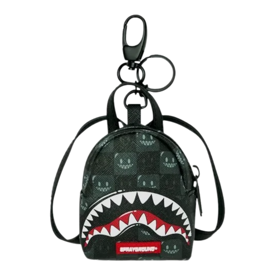 HypeSelection Sprayground Sharks In Paris black checkered mini backpack keychain with iconic shark mouth graphic