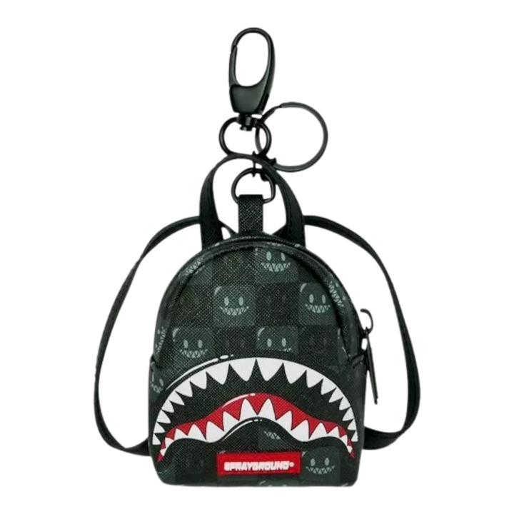 HypeSelection Sprayground Sharks In Paris black checkered mini backpack keychain with iconic shark mouth graphic