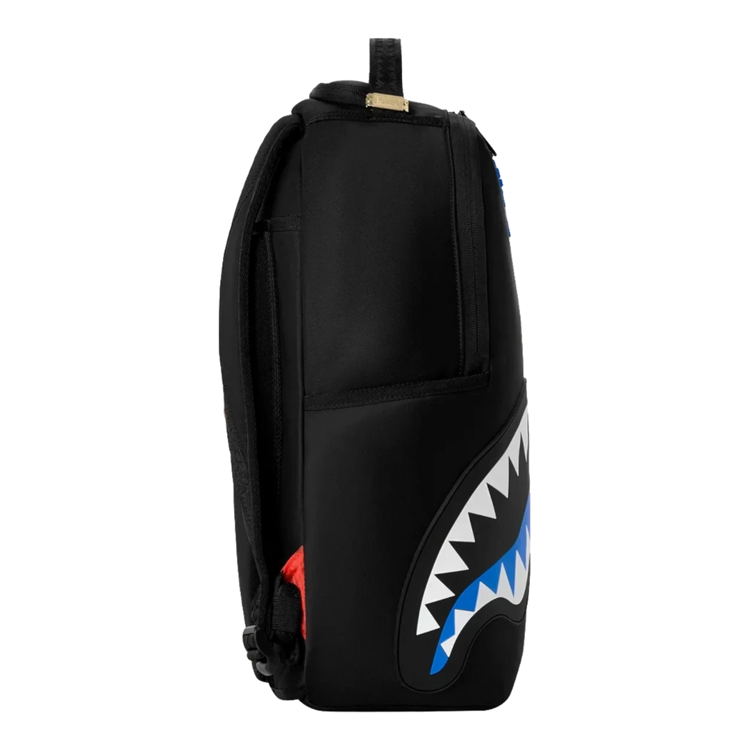 HypeSelection Sprayground Shark Central DLXS backpack in black with blue and white shark mouth graphic side view