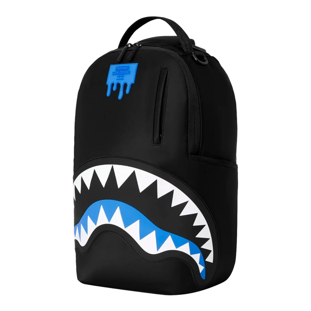 HypeSelection Sprayground Shark Central DLXS backpack in black with iconic blue and white shark mouth graphic