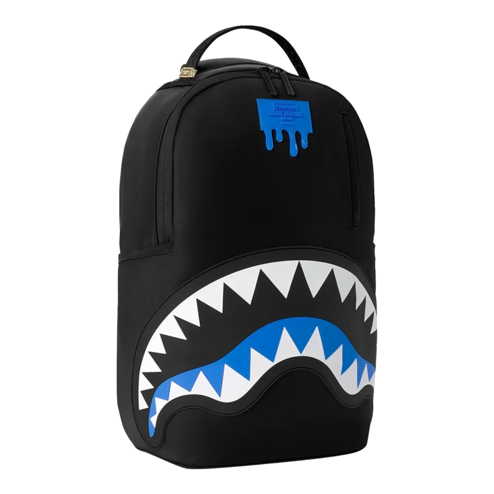 HypeSelection Sprayground Shark Central DLXS backpack in black with iconic blue and white shark mouth graphic design