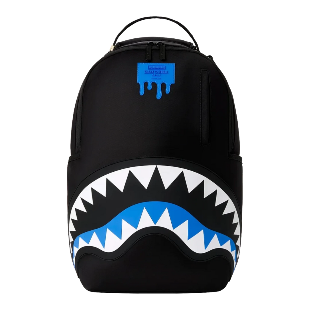 HypeSelection Sprayground Shark Central DLXS backpack in black with iconic blue and white shark mouth graphic design