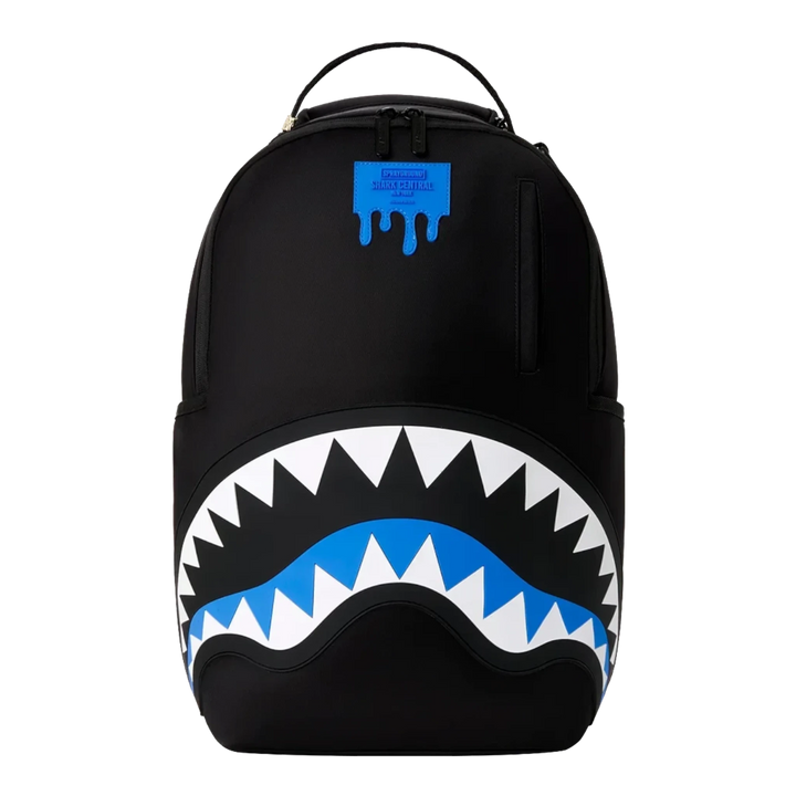 HypeSelection Sprayground Shark Central DLXS backpack in black with iconic blue and white shark mouth graphic design
