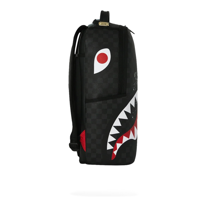 HypeSelection Sprayground Split Ocean Deep DLXSV backpack with black checkered pattern and iconic shark mouth graphic